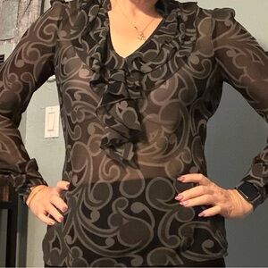 New York & Company Black and Gray Patterned Blouse